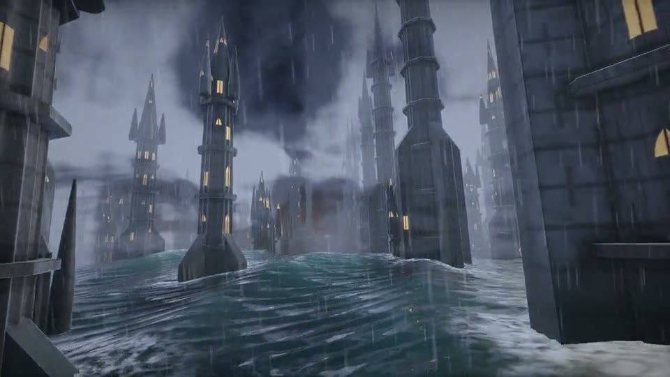Claude Opus 5 generated storm-city scene.